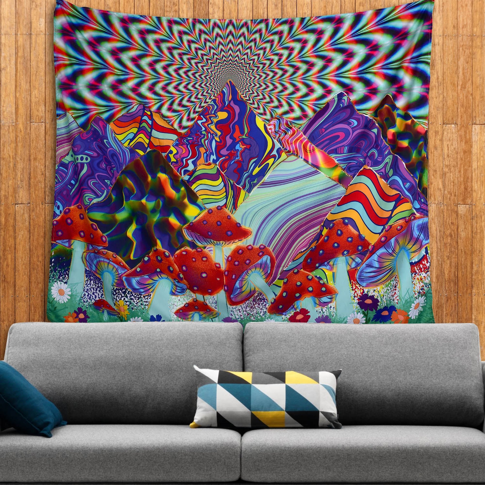 Trippy Wall Tapestry Mountain Mushroom Tapestry Psychedelic Etsy UK