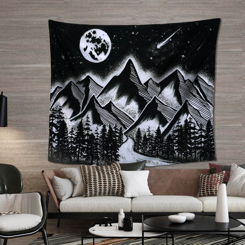 Moon Mountain Nature Scene Tapestry  Grunge Galaxy Wall image 3