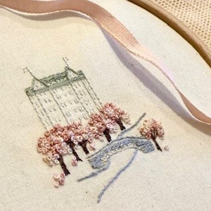 An embroidery kit featuring the iconic Plaza hotel from Central Park. The kit comes with the design printed on the fabric, threads and an instruction card.