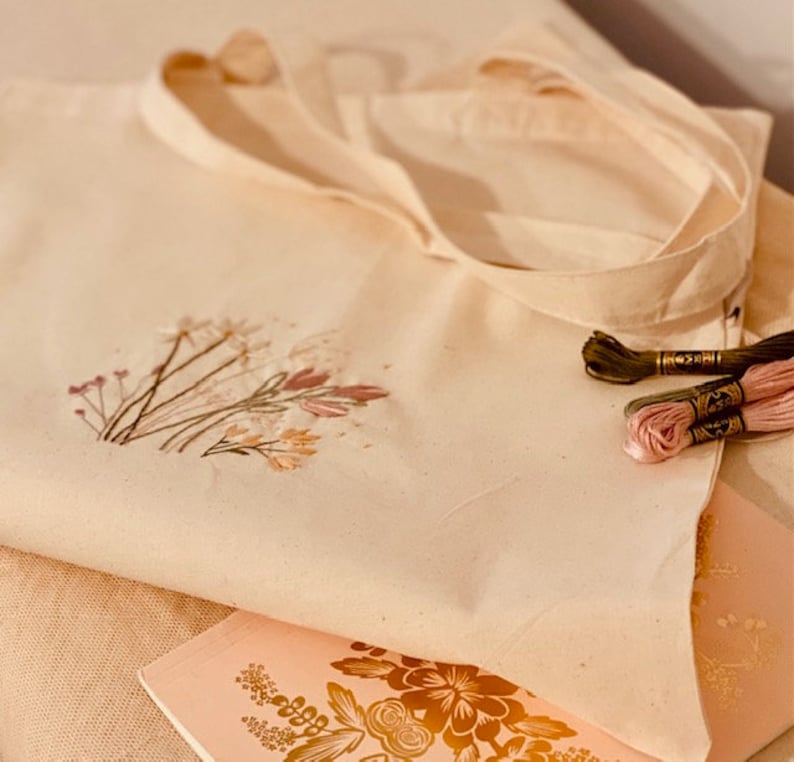 Beginner Embroidery Tote Bag Kit Flower Embroidery Etsy