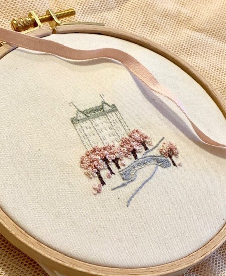 An embroidery kit featuring the iconic Plaza hotel from Central Park. The kit comes with the design printed on the fabric, threads and an instruction card.