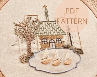 Beginner Embroidery PDF Pattern, Boat Pond PDF