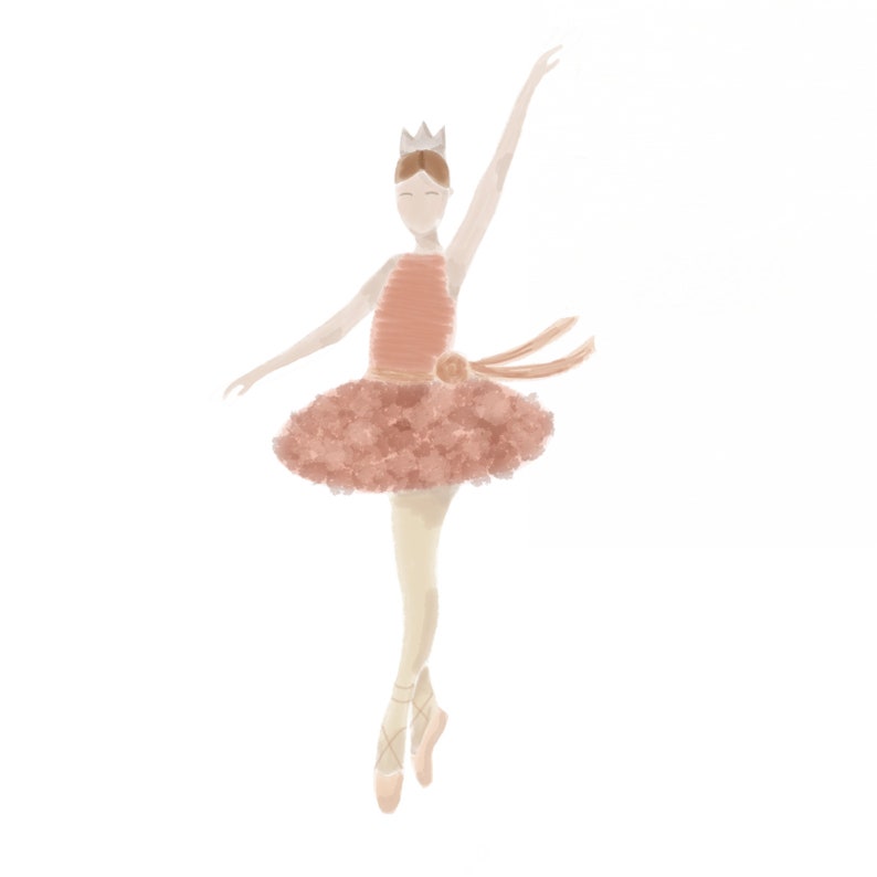 May include: A watercolor illustration of a ballerina wearing a pink tutu and a crown. She is on her toes with her arms raised above her head.