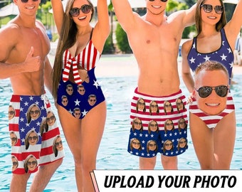 Custom Face American Flag Swimwear, Personalized Photo Swimsuit,Picture Bathing Suit,Men Beach Shorts,Couple Mathching Swimwear,Gift for Her