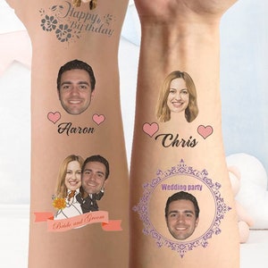 Custom Temporary Tattoos,Personalized Bachelorette Party Favor Photo Temporary Tattoos,Couple Tattoos,Wedding Tattoos,Face Tattoos 15 Sheets
