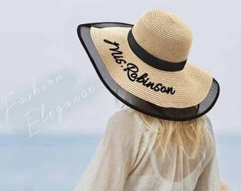 Custom Name Floppy Beach Hat, Personalized Bride Sun Hat, Floppy Sun Hat,Custom Beach Bride Hat,Honeymoon Vacation Hat Mrs Hat ,Gift for Her