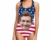 Custom Men Face American Flag Swimming Suit Personalized Women 39 s One Piece Tank Top Bathing suit Swimwear for Wife Women