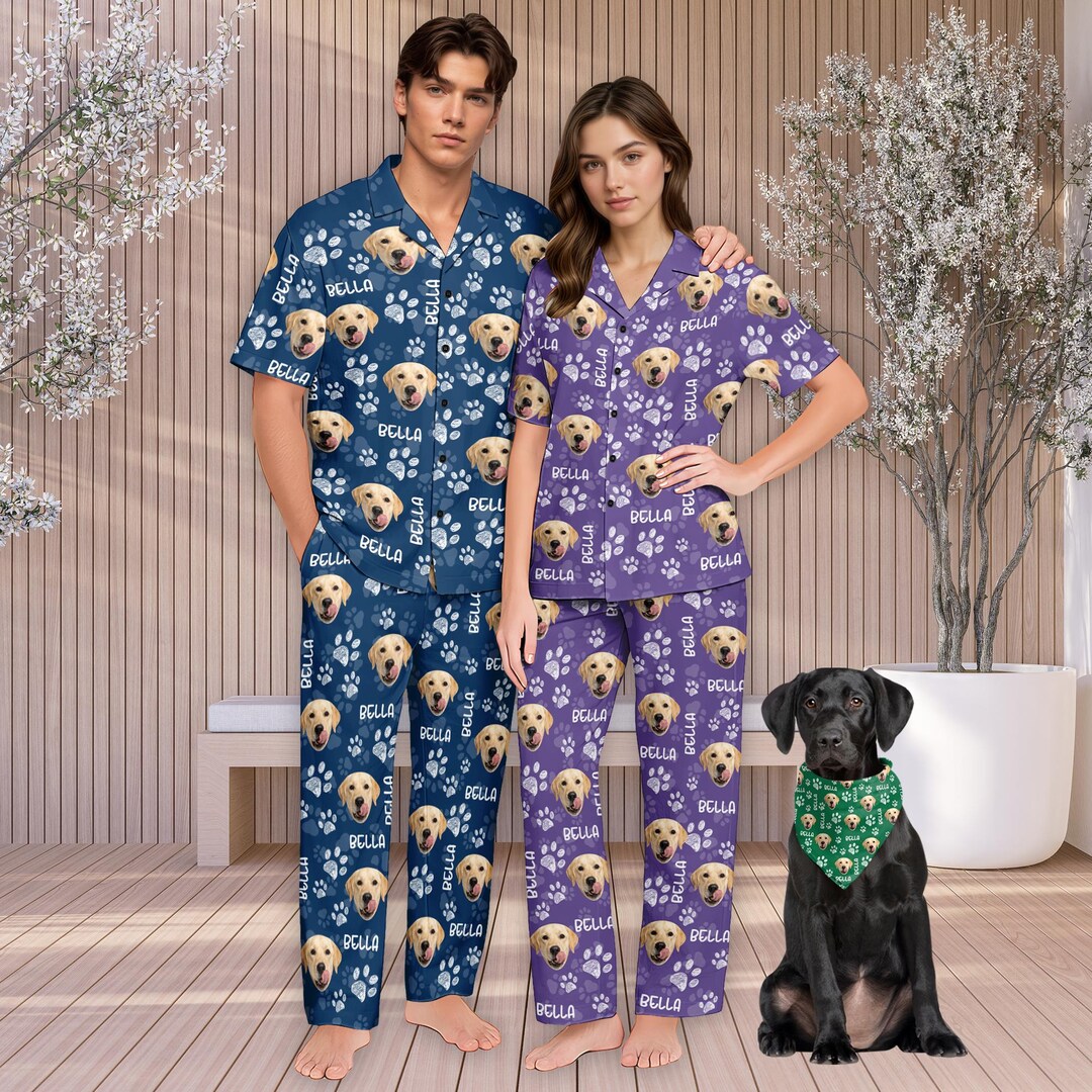 Custom Pet Photo Pajama Set, Personalized Dog Cat Sleepwear, Pet Owner ...