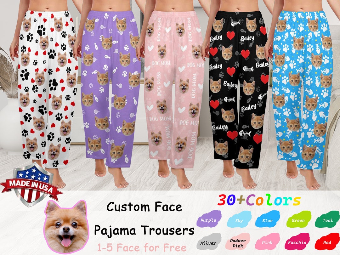 Custom Pet Photo Pajama Pants Made in USA, Personalized Face Pajamas