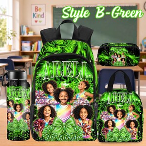 Custom Photo Kids Backpack Set, Personalized School Bag, Lunch Bag & Pencil Case Style B-Green