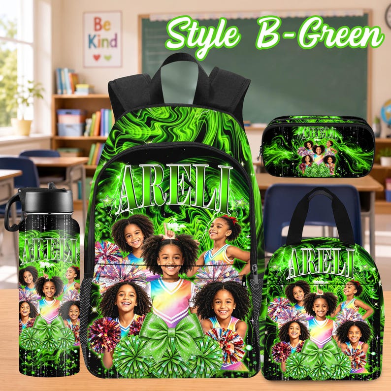 Custom Photo Kids Backpack Set, Personalized School Bag, Lunch Bag & Pencil Case Style B-Green