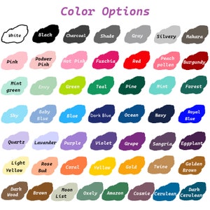 May include: A chart of 50 different color swatches with their names written below each swatch. The colors are arranged in rows and columns, and the names are written in black text.