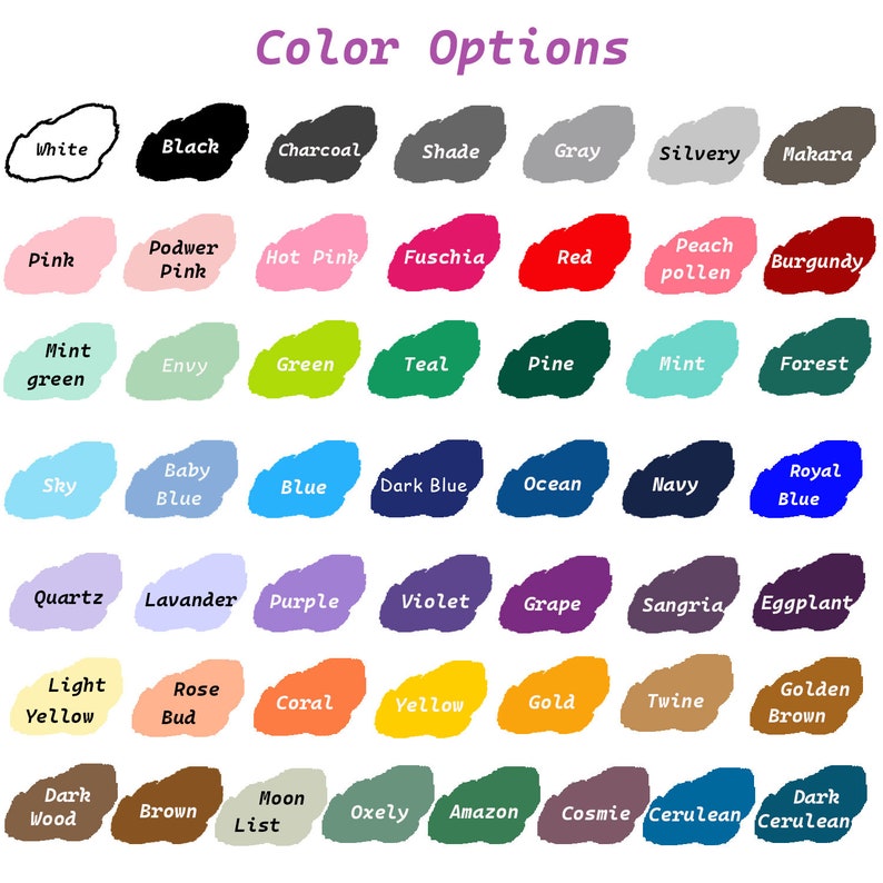 May include: A chart of 50 different color swatches with their names written below each swatch. The colors are arranged in rows and columns, and the names are written in black text.