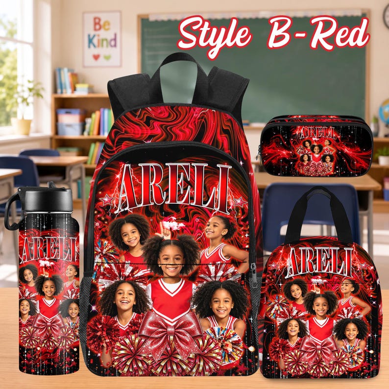 Custom Photo Kids Backpack Set, Personalized School Bag, Lunch Bag & Pencil Case Style B-Red