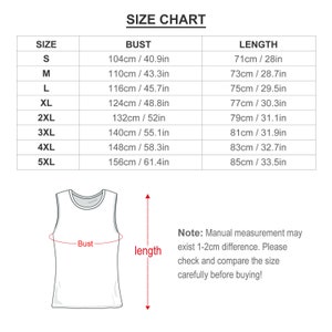 May include: Size chart for a sleeveless top with measurements in inches and centimeters for bust and length. The chart includes sizes S through 5XL.