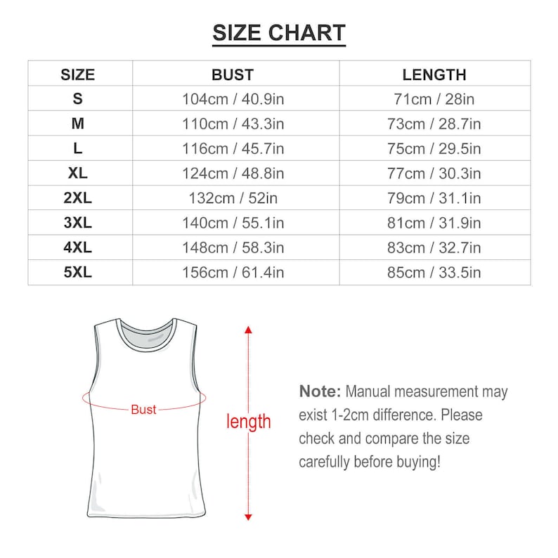 May include: Size chart for a sleeveless top with measurements in inches and centimeters for bust and length. The chart includes sizes S through 5XL.
