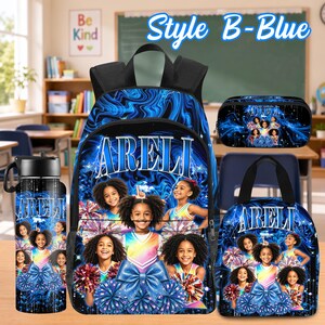 Custom Photo Kids Backpack Set, Personalized School Bag, Lunch Bag & Pencil Case Style B-Blue