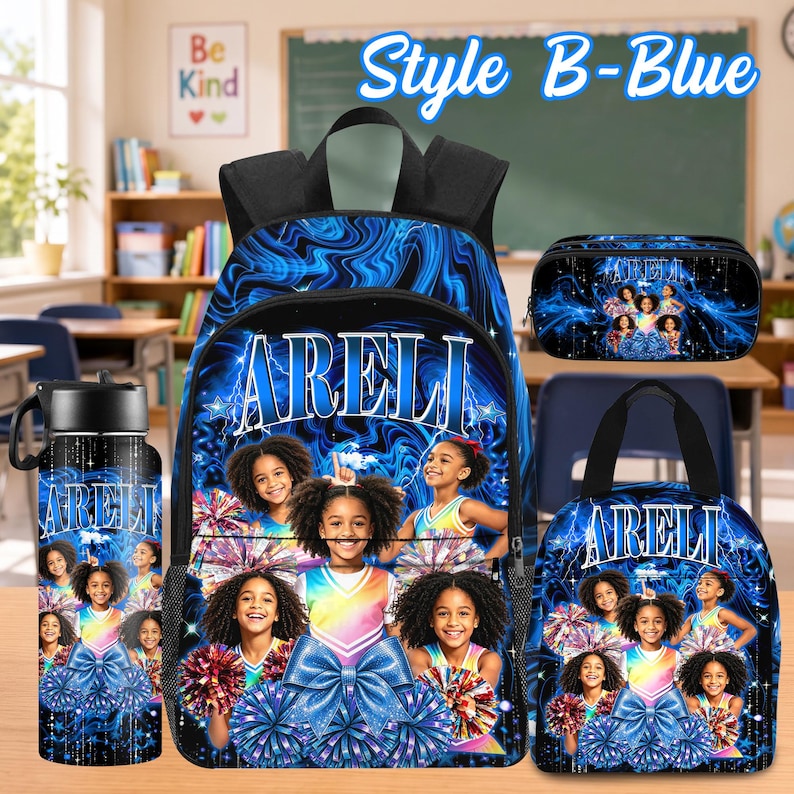 Custom Photo Kids Backpack Set, Personalized School Bag, Lunch Bag & Pencil Case Style B-Blue