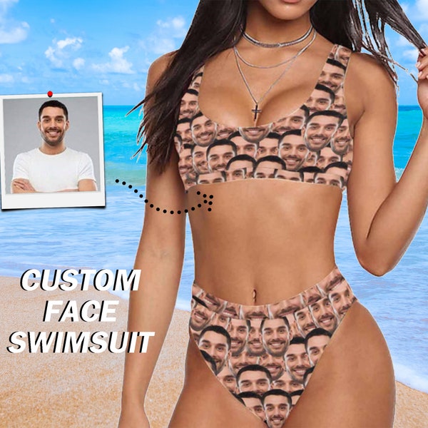 Custom Husband Seamless Face Swimwear Sport Top & High-Waisted Bikini Funny Personalized Swimsuit for Wife Women XS-5XL