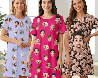 Custom Face Pajama Dress, Personalized Photo Sleepwear, Birthday Gift,Monther's Day Gift