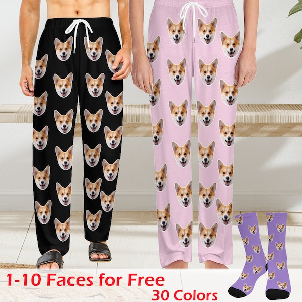 Personalisierte Pyjamahose mit Gesicht, individuelle Pyjamahose für Männer/Frauen mit Foto, Paar-Pyjamahose, individuelle Hunde-Pyjamahose, Weihnachtsgeschenke