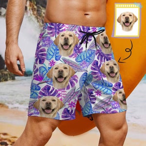 Aangepaste zwemshort met hondengezicht, gepersonaliseerd badpak met huisdierfoto, zwembroek op maat, bladerenpatroon strand kort, vaderdagcadeaus