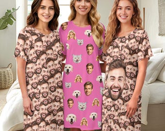 Custom Face Pajama Dress, Photo Sleepshirt,Personalized Dog Cat Photo Sleepwear, Gift For Women