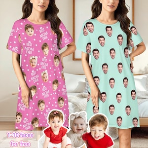 Custom Photo Pajama Dress, Personalized Face Sleepwear, Mother&#39;s Day Gift