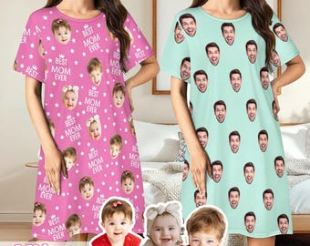 Custom Photo Pajama Dress, Personalized Face Sleepwear, Mother's Day Gift