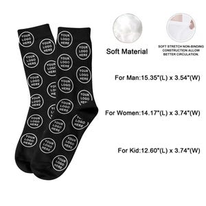 May include: Black socks with a white circle pattern that says "Your Logo Here". The socks are shown in three sizes: 15.35 inches by 3.54 inches, 14.17 inches by 3.74 inches, and 12.60 inches by 3.74 inches.