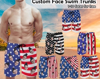 Custom American Flag Swim Trunks, Personalized Face Bathing Suit