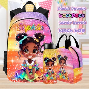 Custom Backpack Black Girl,Personalized Name Backpack/Lunch Bag/Water Bottle/Pencil Pouch,Custom Name School Backpacks,School Bag for Girls