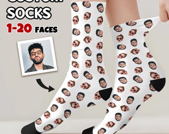 May include: White socks with a pattern of repeated faces. The text "CUSTOM SOCKS 1-20 FACES" is at the top of the image.
