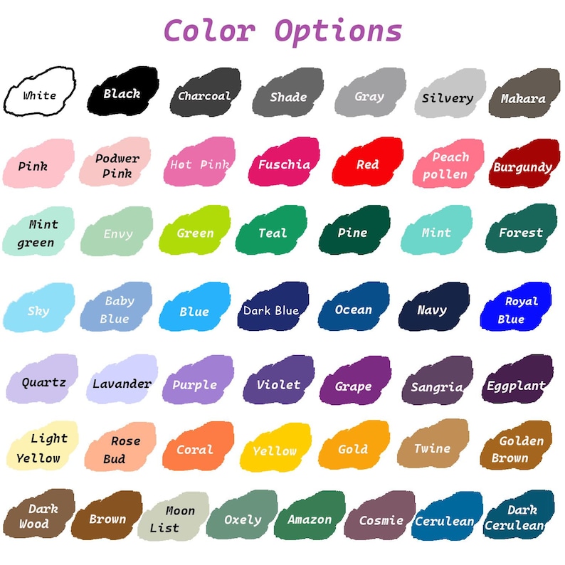 以下が含まれることがあります： 上部に「Color Options」というテキストが入ったカラーチャート。ピンク、青、緑、茶色などの色合いを含む、各色名でラベル付けされたさまざまな色の見本が表示されています。