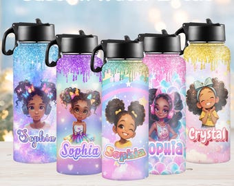 May include: A collection of custom water bottles with black lids and handles. Each bottle features a unique design with a cartoon girl's illustration and a name. The bottles have glitter and pastel color schemes, with the text "Custom Water Bottle" at the top.