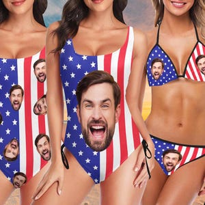 Custom Face Swimsuit,Personalized Woman&#39;s Swimsuit,American Flag Design Swimsuit,Flag Swimwear,Independence Day Face swimsuit Party Gift