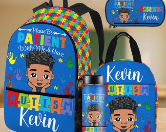 May include: A blue backpack, lunch bag, pencil case, and water bottle set featuring a cartoon illustration of a boy, colorful puzzle piece patterns, and the text Please Be Patient With Me I Have Autism and the name Kevin printed on each item.