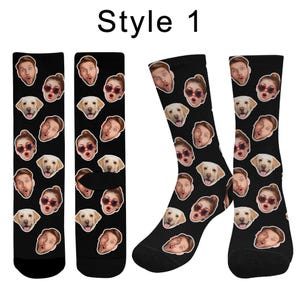 May include: Black crew socks featuring a repeating pattern of three distinct faces: a man with a surprised expression, a woman wearing red heart-shaped sunglasses, and a light-colored Labrador retriever dog. The text Style 1 appears at the top.