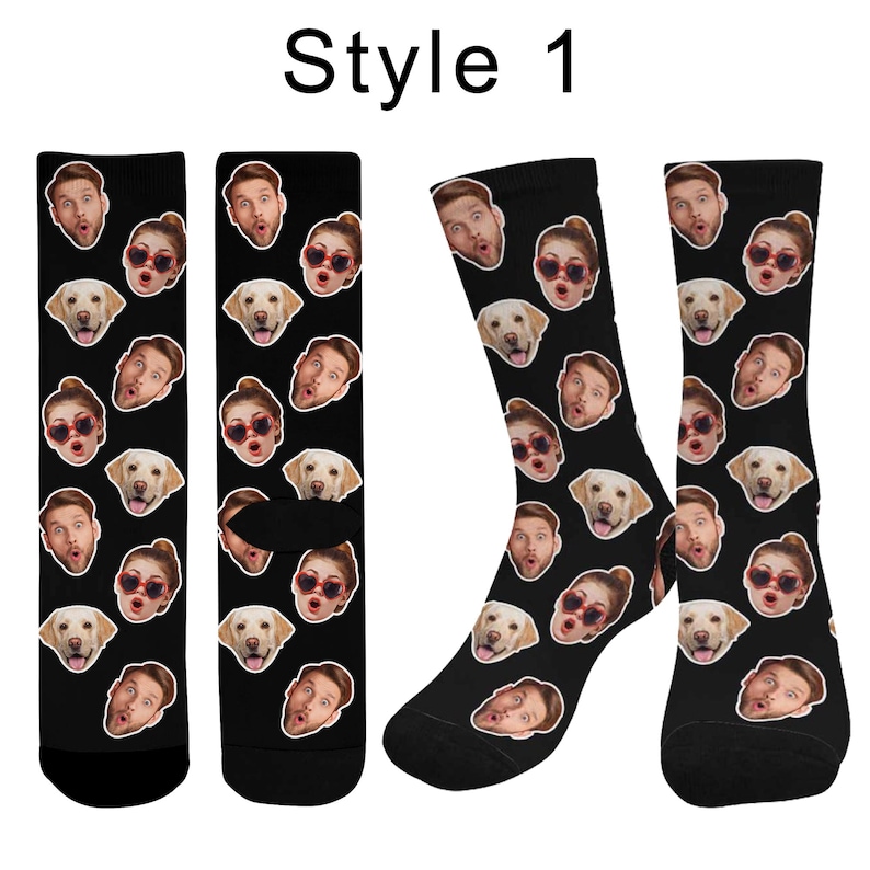 May include: Black crew socks featuring a repeating pattern of three distinct faces: a man with a surprised expression, a woman wearing red heart-shaped sunglasses, and a light-colored Labrador retriever dog. The text Style 1 appears at the top.