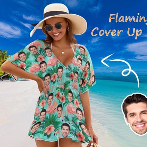 Personalized Photo Beach Bikini Coverups,Custom Face Beach Cover up, Custom Flamingo Bathing Suit Dress,Bachelorette Party Gift,Gift for Her