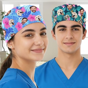 Custom Photo Scrub Cap, Personalized Pet Dog Face Nurse Hat,Hawaiian Pattern Scrub