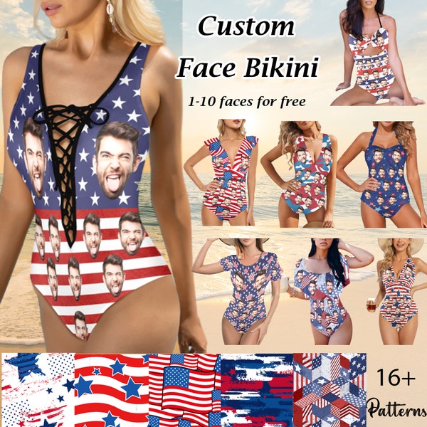 Aangepaste gezicht bikini, gepersonaliseerde foto één stuk badmode, Amerikaanse vlag ontwerp badpak, aangepast gezicht badpak, strandfeest, cadeau voor haar