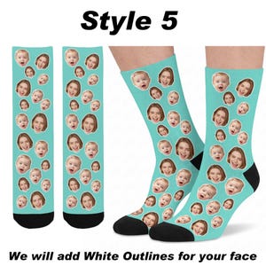 May include: A pair of light blue crew socks featuring a repeating pattern of two different faces with white outlines. The socks have black heels and toes. The text Style 5 and We will add White Outlines for your face are visible.