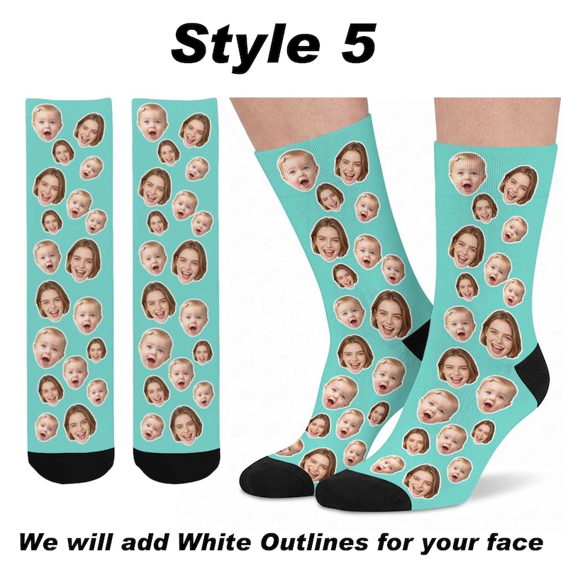 May include: A pair of light blue crew socks featuring a repeating pattern of two different faces with white outlines. The socks have black heels and toes. The text Style 5 and We will add White Outlines for your face are visible.
