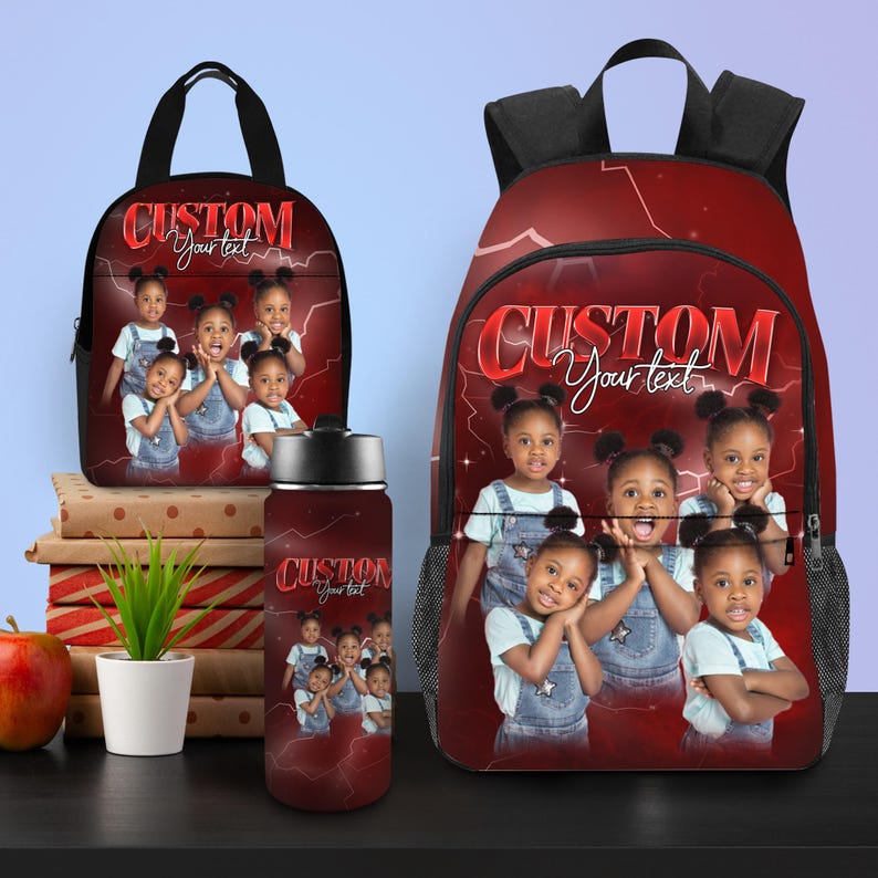 May include: A custom-designed lunch bag, backpack, and water bottle set. Each item features a red background with a lightning bolt design and a photo of several children. The text "CUSTOM Your text" is displayed on each item.