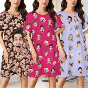 Custom Face Pajama Dress, Personalized Photo Sleepwear, Birthday Gift