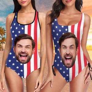 Custom Big Face Swimsuit,Personalized Woman&#39;s Swimsuit,American Flag Design Swimsuit,Flag Swimwear,Independence Day Face swimsuit Party Gift