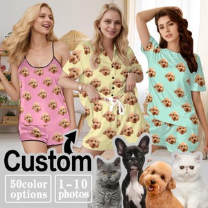 May include: Customisable pyjamas with a pattern of dog faces. The pyjamas are available in 50 colours and can be personalised with 1-10 photos. The text "Custom" is displayed on the image.