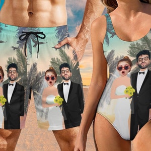 Custom Photo Wedding Swimwear, Personalized Wedding Photo Couples Swimsuit,Party Bride Swimsuit,Custom Men&#39;s Swim Shorts,Beach Wedding Gifts