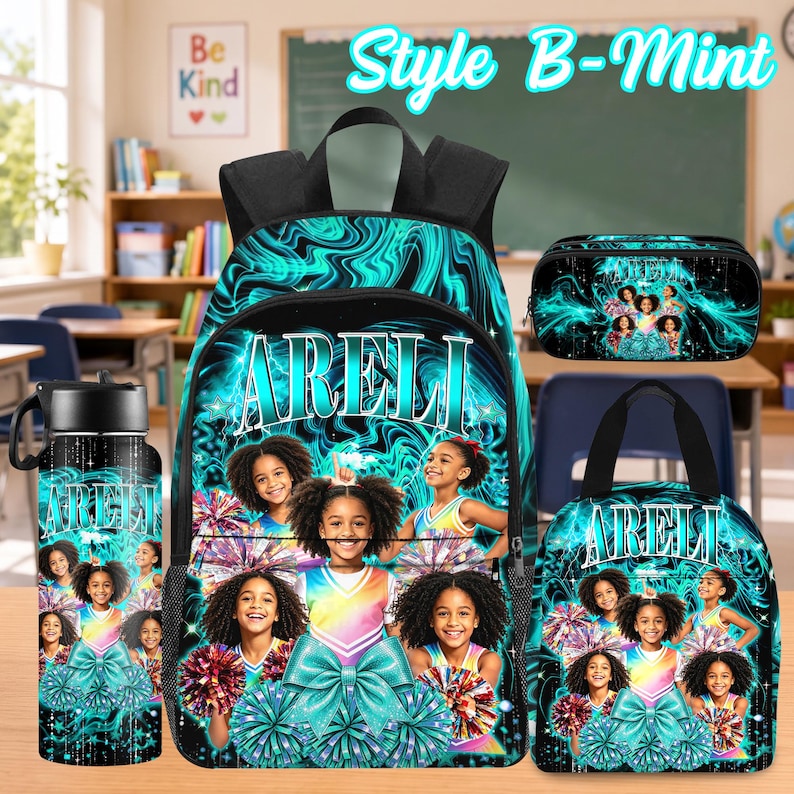 Custom Photo Kids Backpack Set, Personalized School Bag, Lunch Bag & Pencil Case Style B-Mint